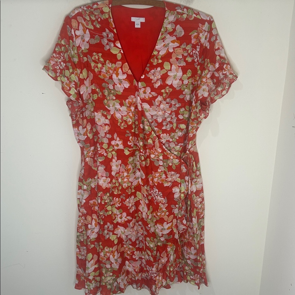 J. JILL Floral Short Sleeve True Wrap Dress in Papaya Red Rayon Size Large - Picture 16 of 16